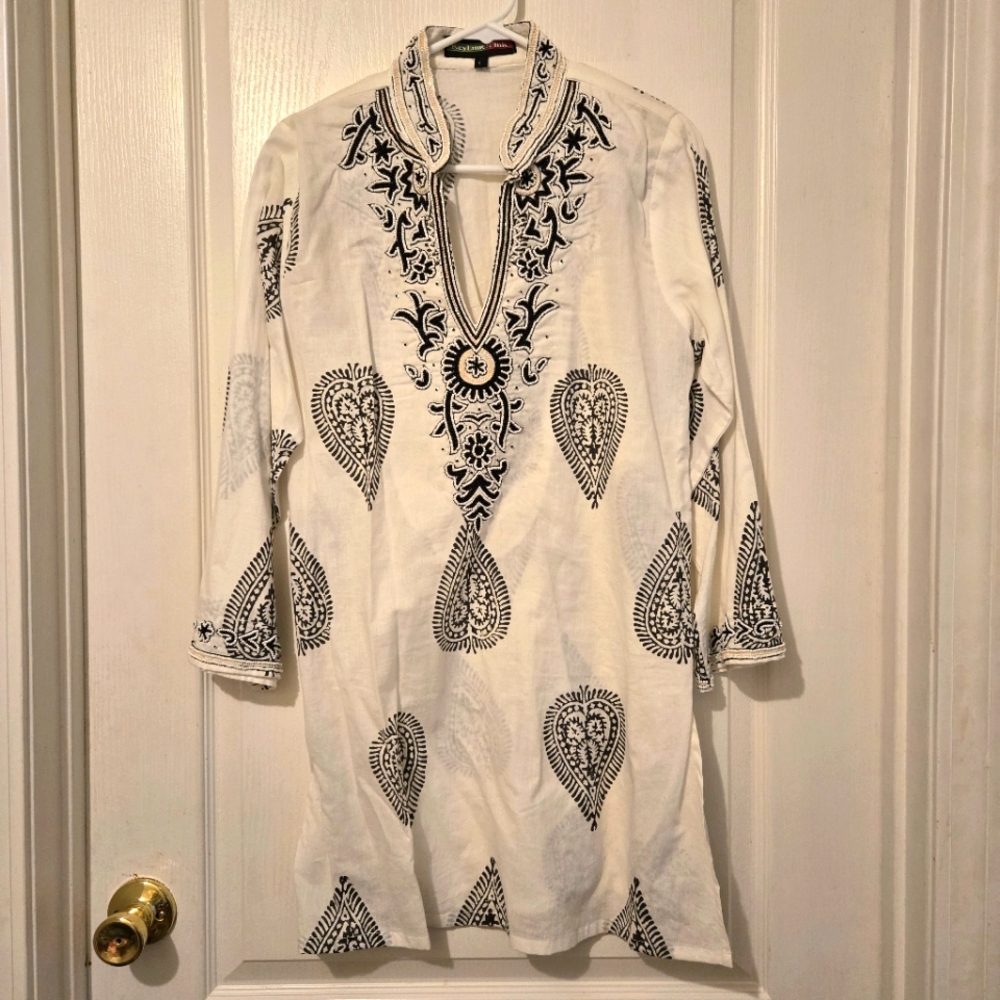 Key Lime & Pink Large Tunic Cover Up Mirrored Beads Paisley